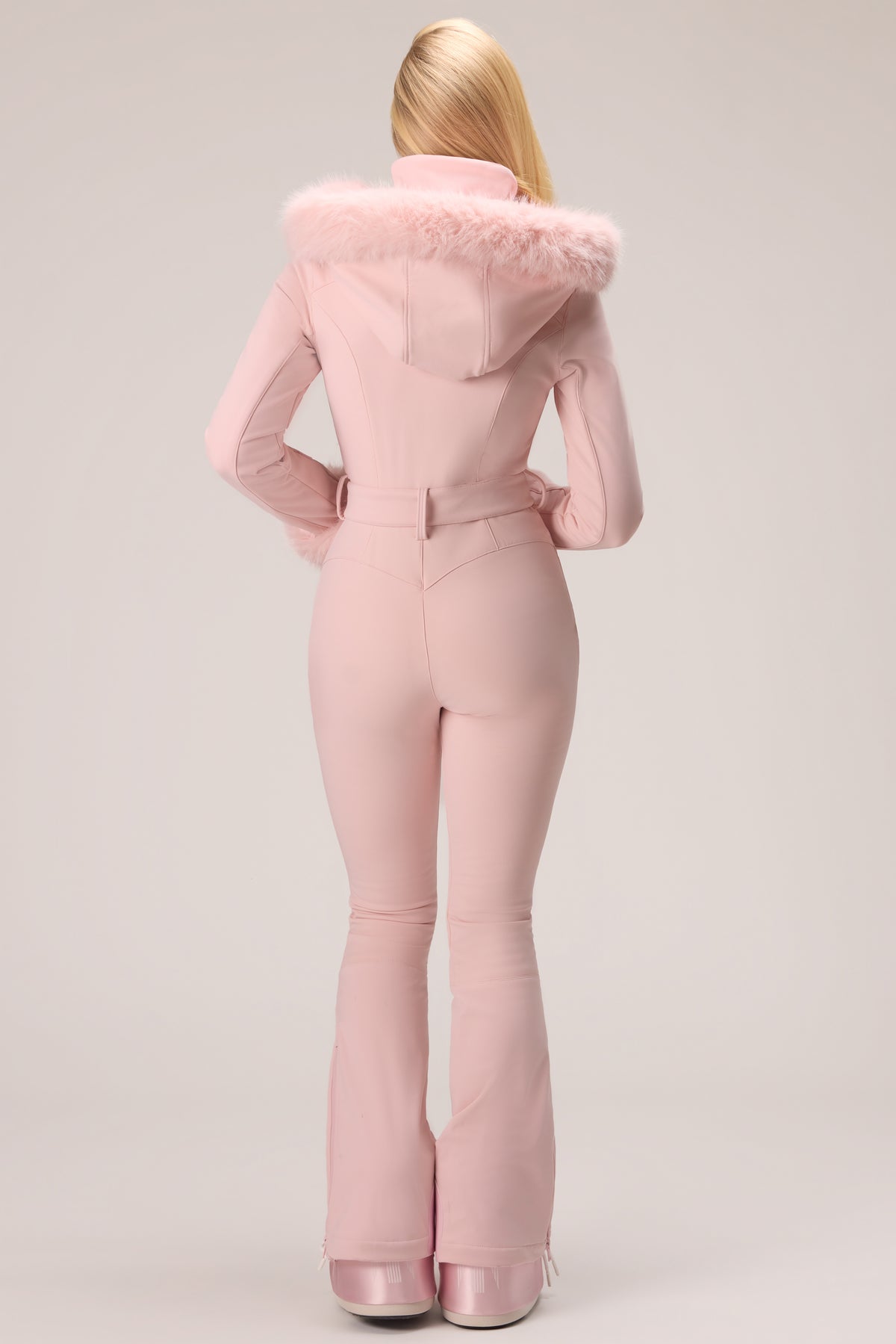 Water Resistant Fitted Ski Suit with Faux Fur Hood in Powder Pink