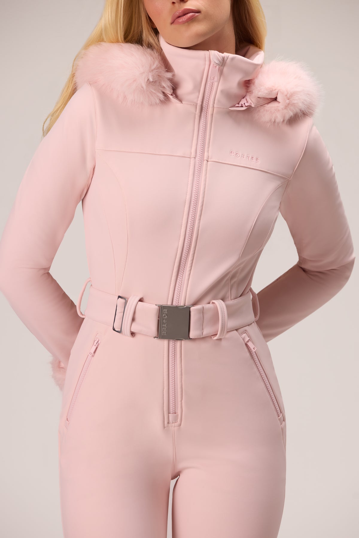 Water Resistant Fitted Ski Suit with Faux Fur Hood in Powder Pink