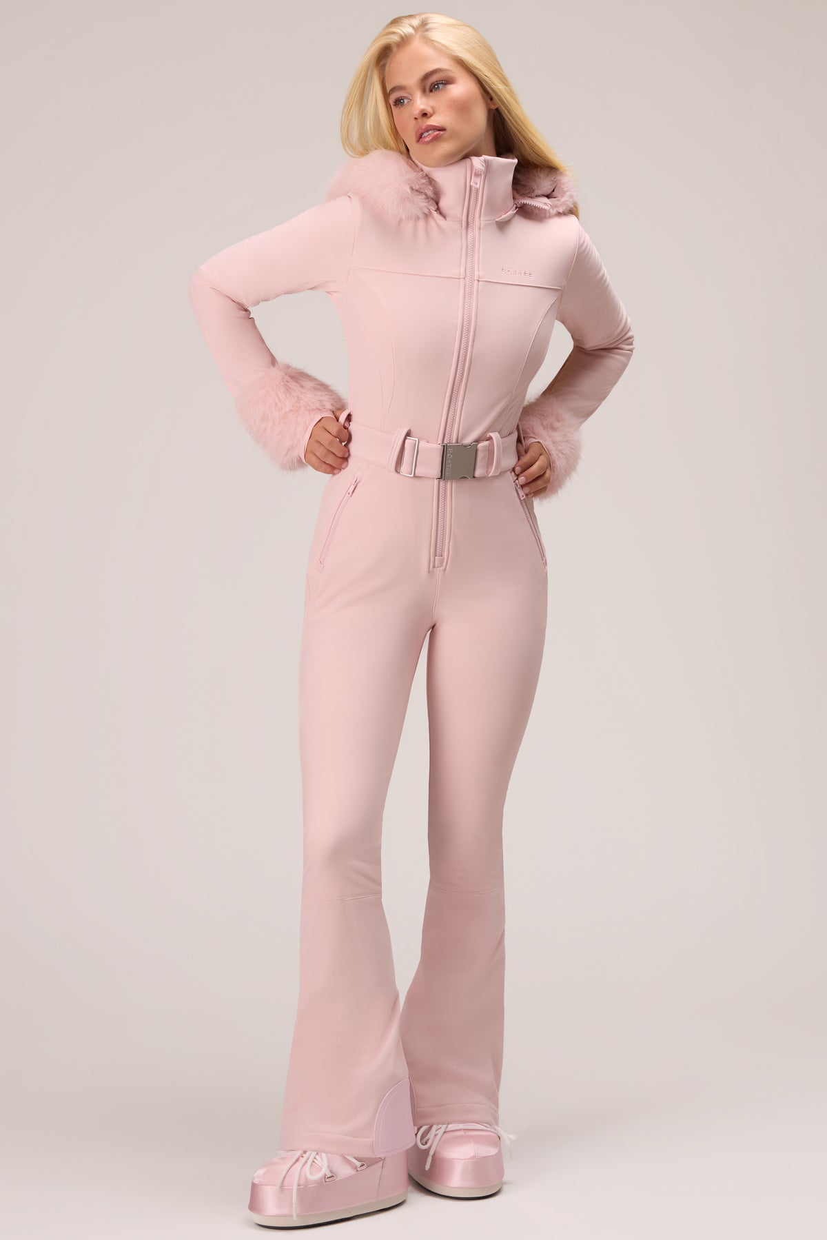 Water Resistant Fitted Ski Suit with Faux Fur Hood in Powder Pink