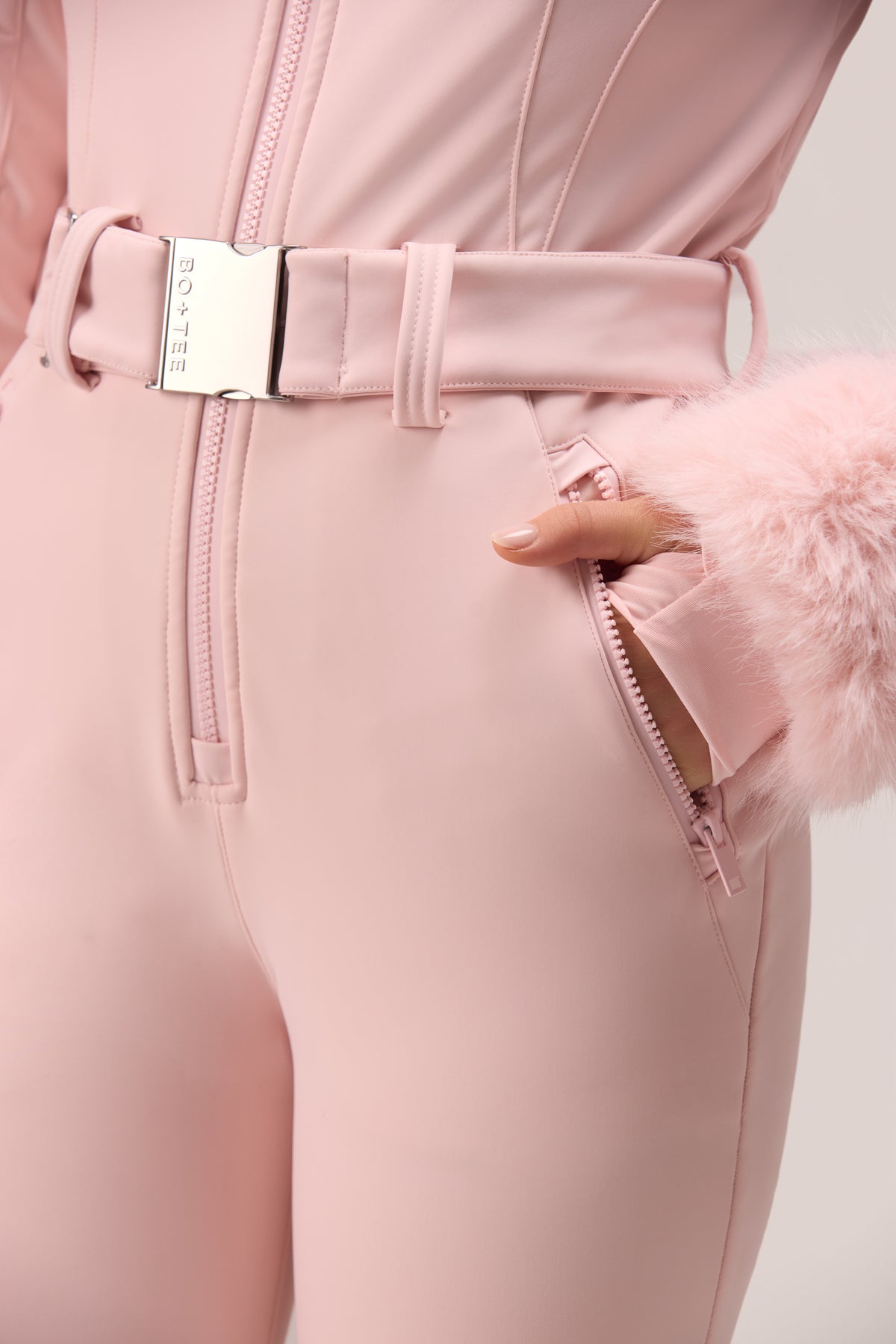 Water Resistant Fitted Ski Suit with Faux Fur Hood in Powder Pink