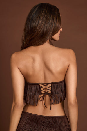 Fringed Bandeau Lace-up Crop Top in Chocolate Brown