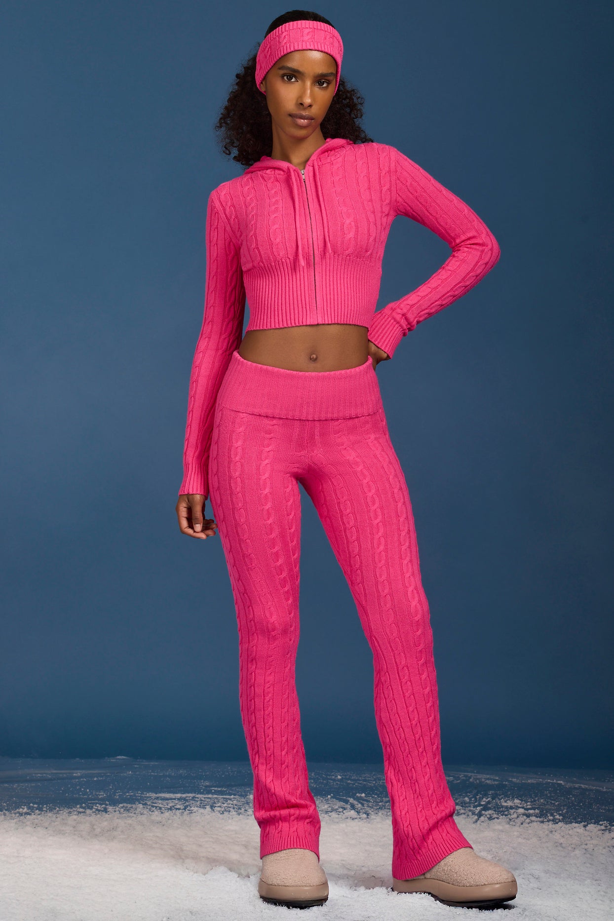 Cable Knit Foldover Flared Trousers in Hot Pink - 1