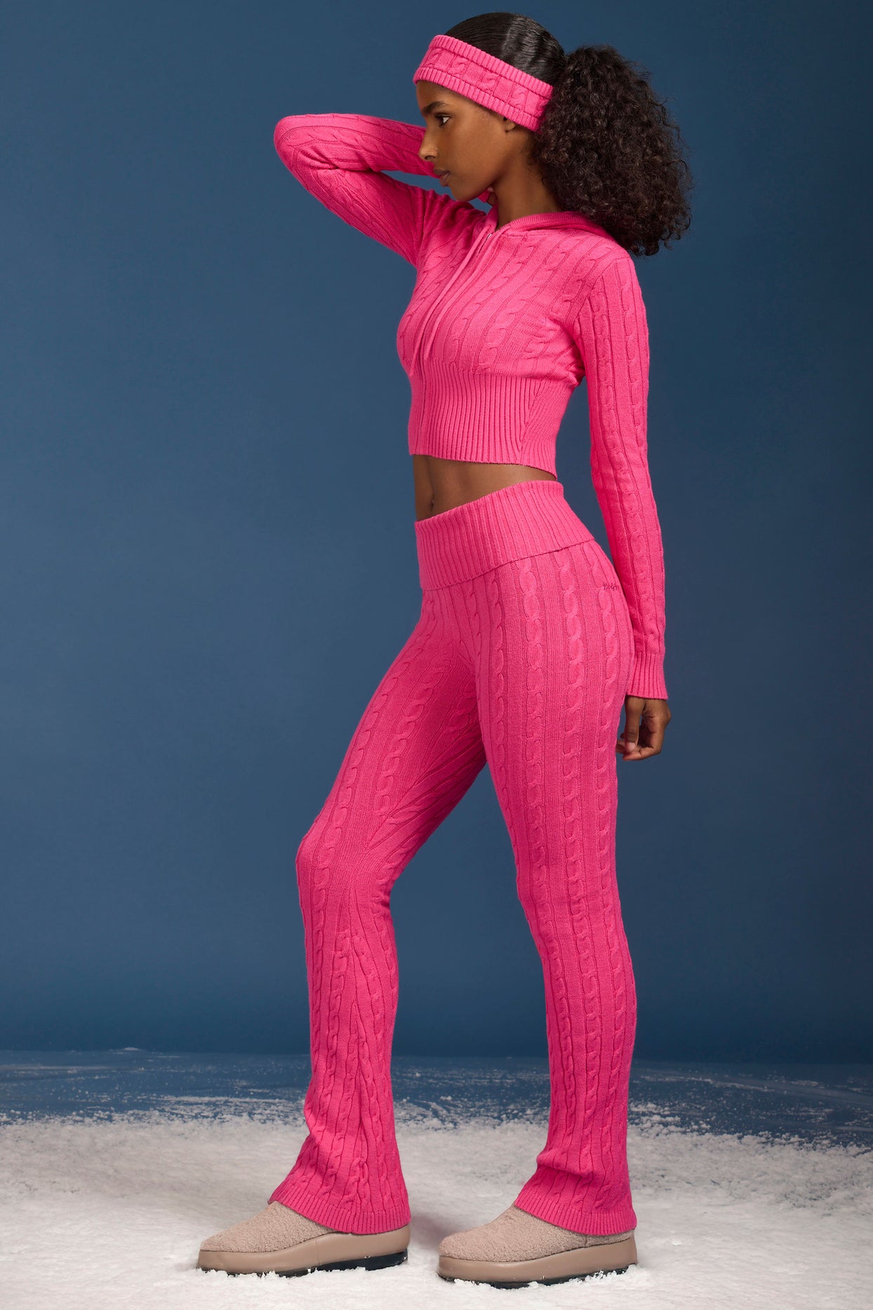 Cable Knit Foldover Flared Trousers in Hot Pink - 3