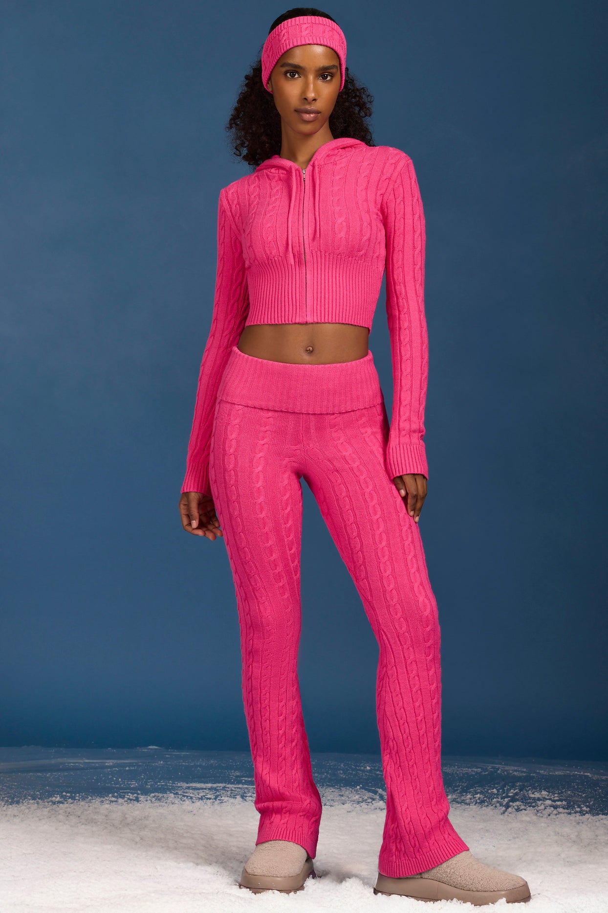Cable Knit Foldover Flared Trousers in Hot Pink - 5
