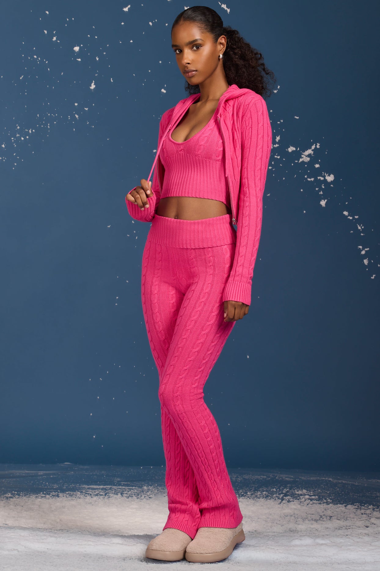 Cable Knit Foldover Flared Trousers in Hot Pink - 8