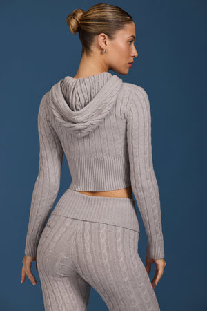 Cable Knit Zip-Up Hoodie in Grey Marl