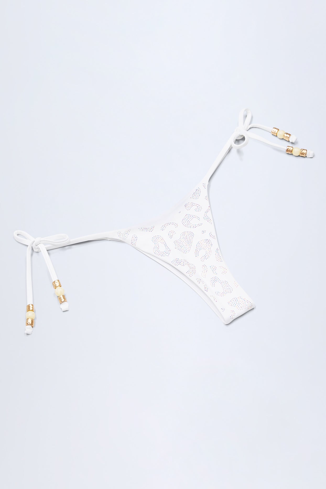 Side-Tie Bead Thong Bikini Bottoms in White Leopard Hotfix - 7
