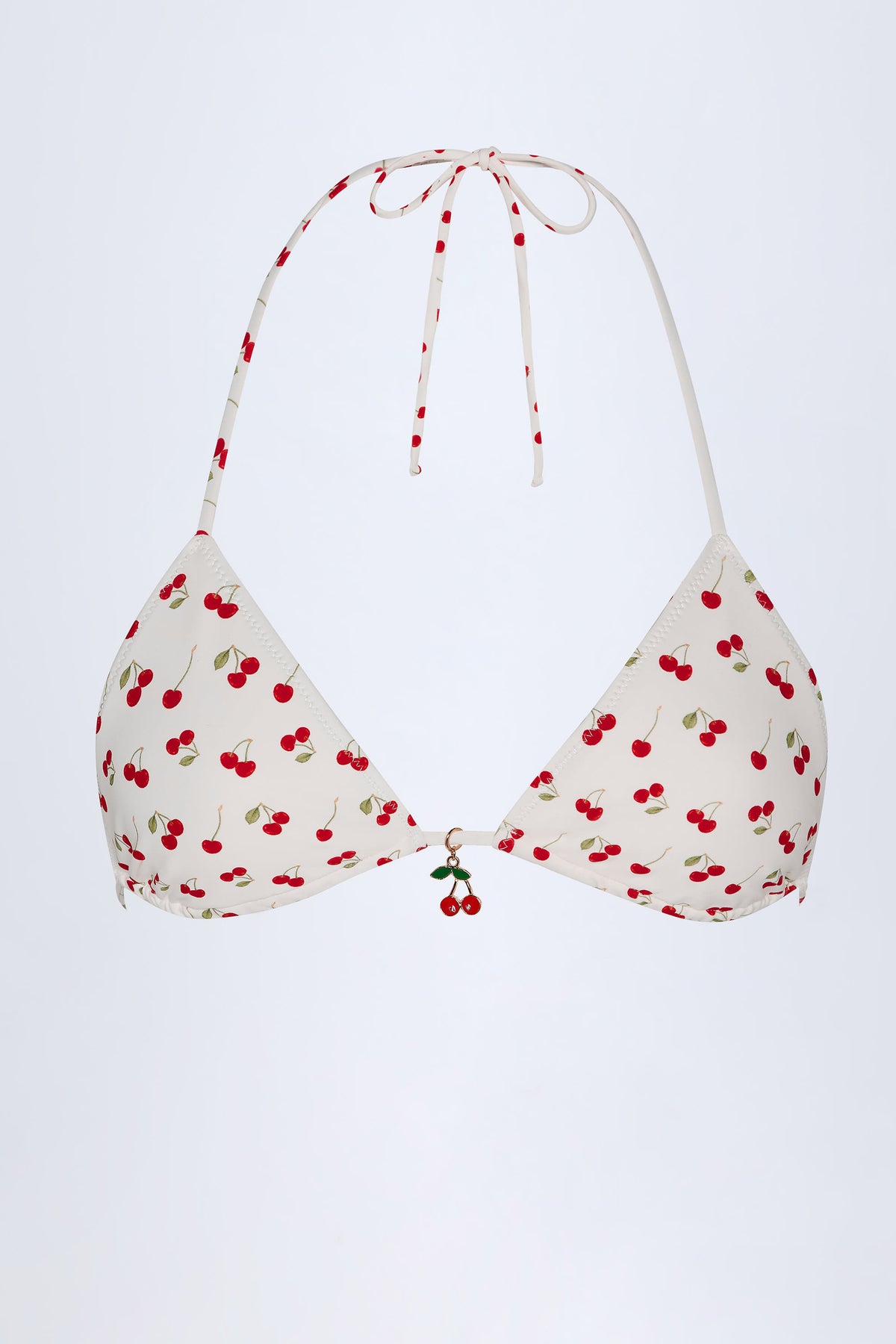 Charm-Detail Triangle Bikini Top in Cherry Print