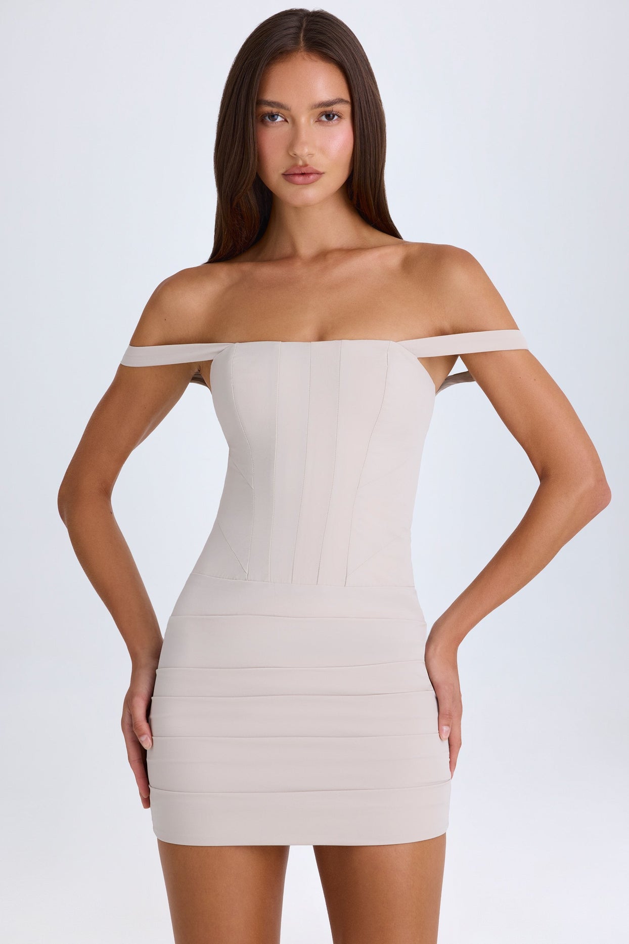 Off-Shoulder Corset Mini Dress in Taupe