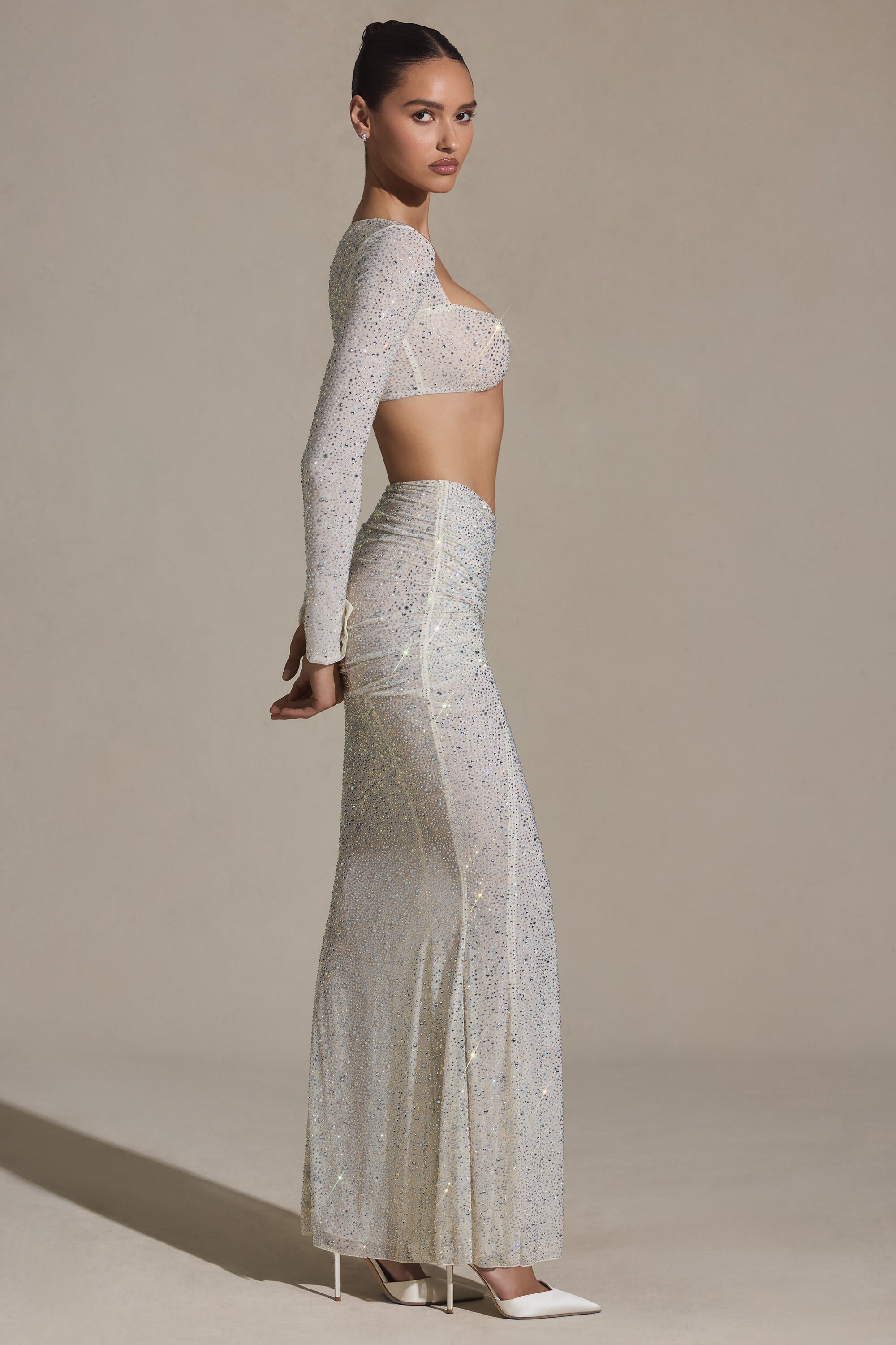 Embellished Ruched Maxi Skirt in White