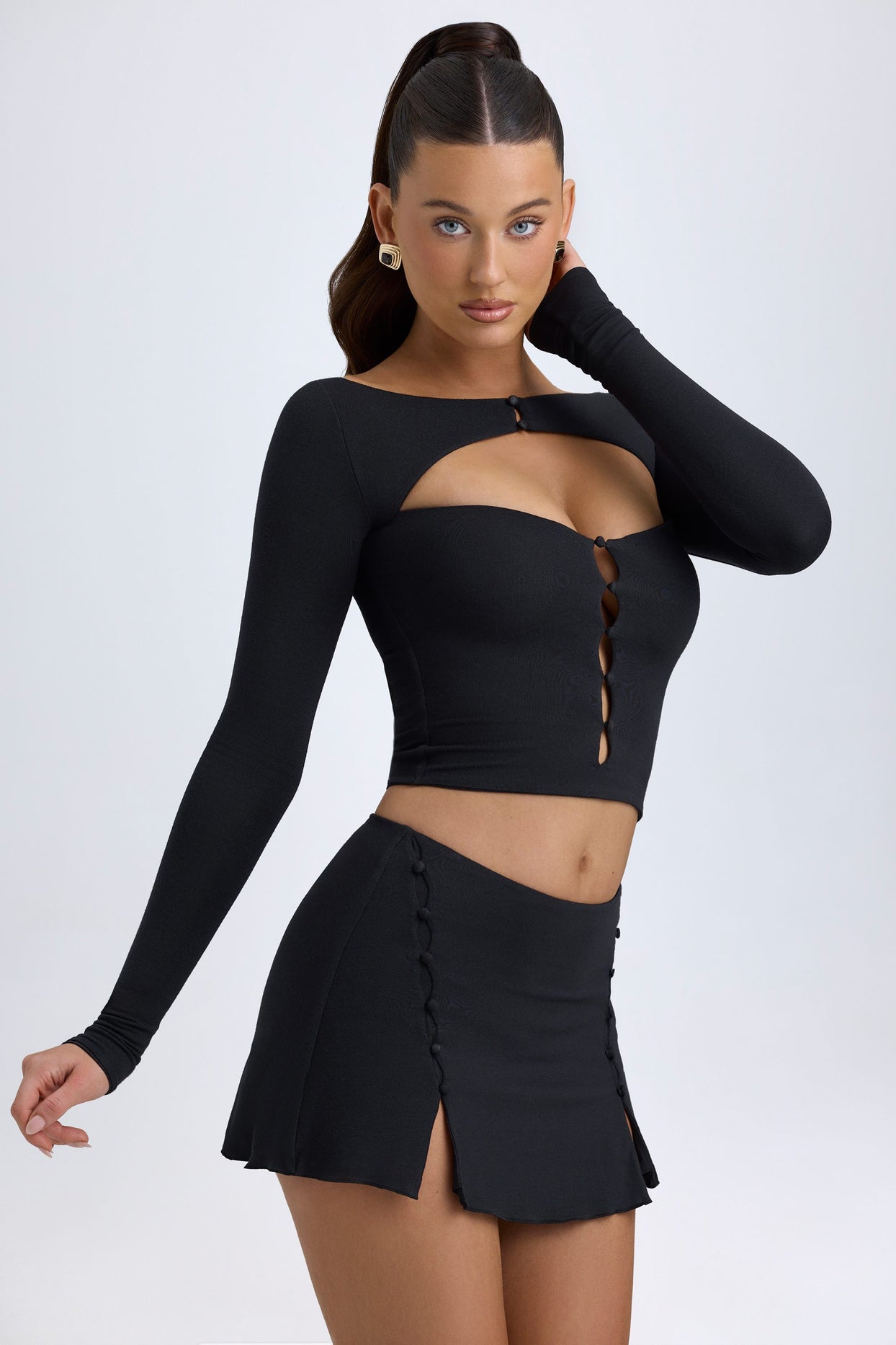 Modal Cut-Out Button-Detail Top in Black - 7