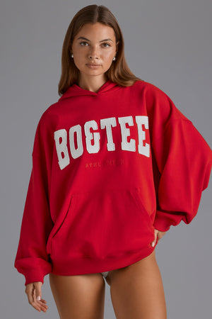 Cotton Fleece Appliqué Oversized Hoodie in Cherry Red