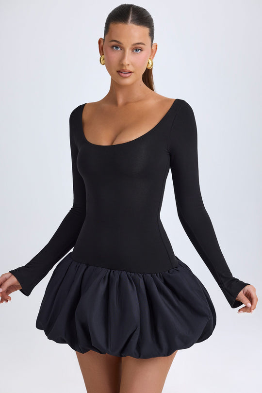 Delphi Scoop-Neck Drop-Waist Bubble Hem Mini Dress in Black