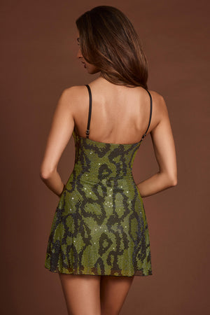 Embellished Cowl Neck A-line Mini Dress in Green Snake