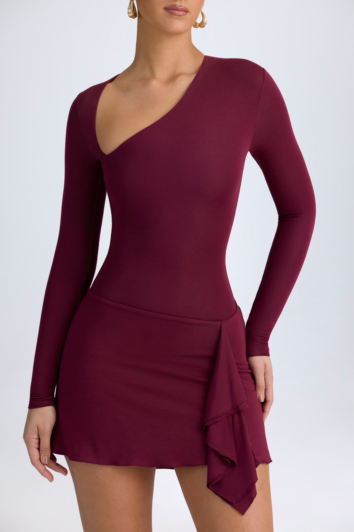Modal Asymmetric A-Line Mini Dress in Wine Red - 5
