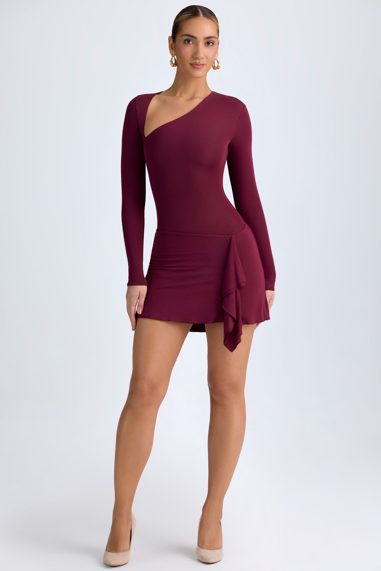 Modal Asymmetric A-Line Mini Dress in Wine Red - 6