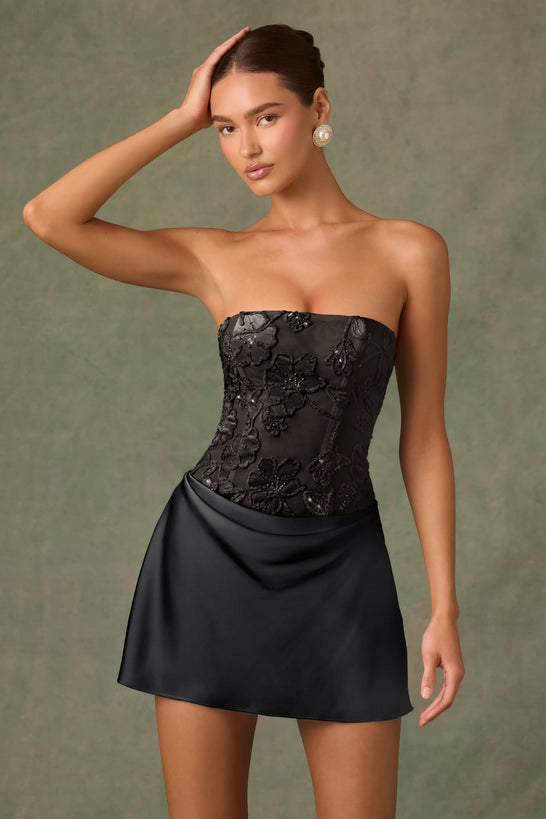 Eden Embellished Draped Strapless A-Line Mini Dress in Black