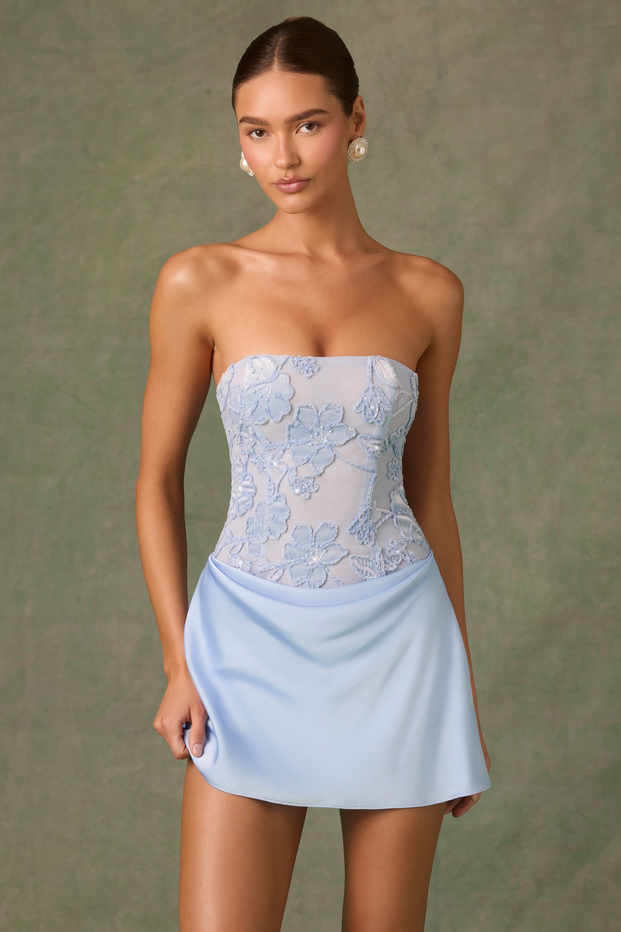 Embellished Draped Strapless A-Line Mini Dress in Sky Blue