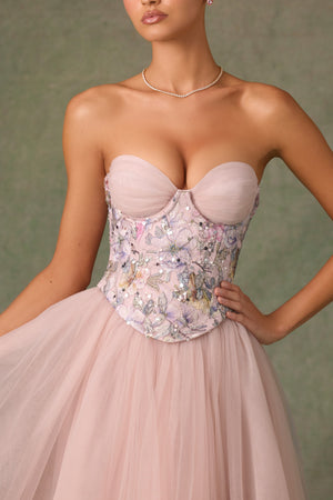 Embellished Lace-Up Cupless Corset in Floral Pink