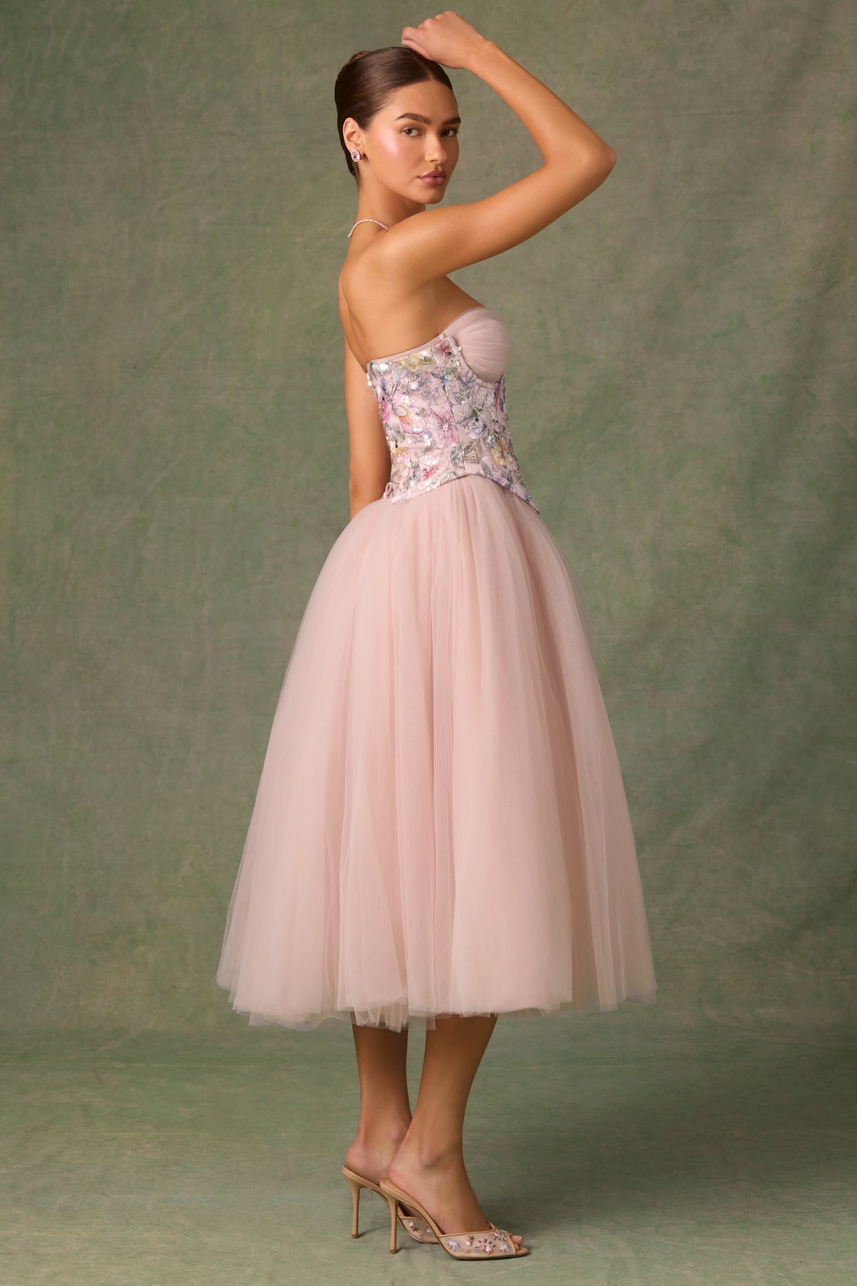 Embellished Lace-Up Cupless Corset in Floral Pink - 4