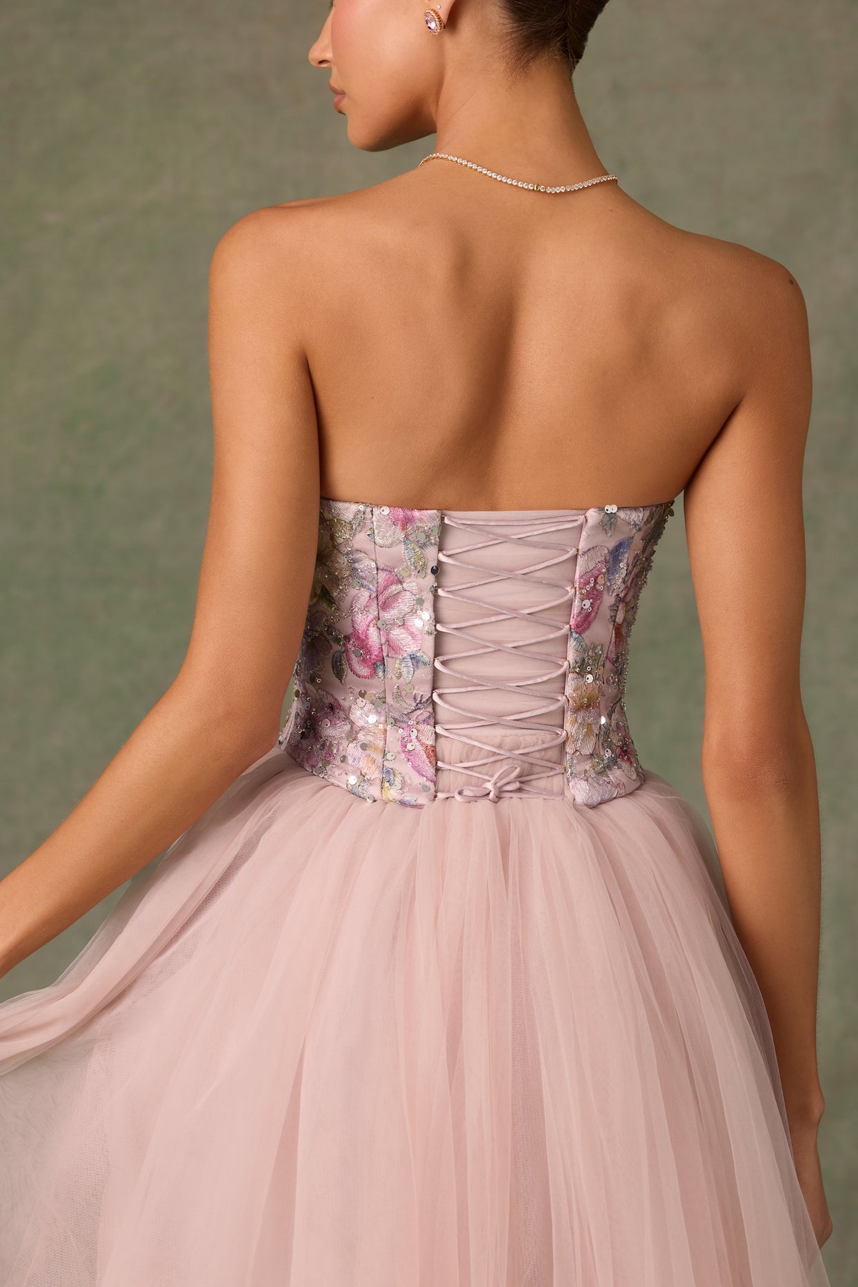 Embellished Lace-Up Cupless Corset in Floral Pink - 5