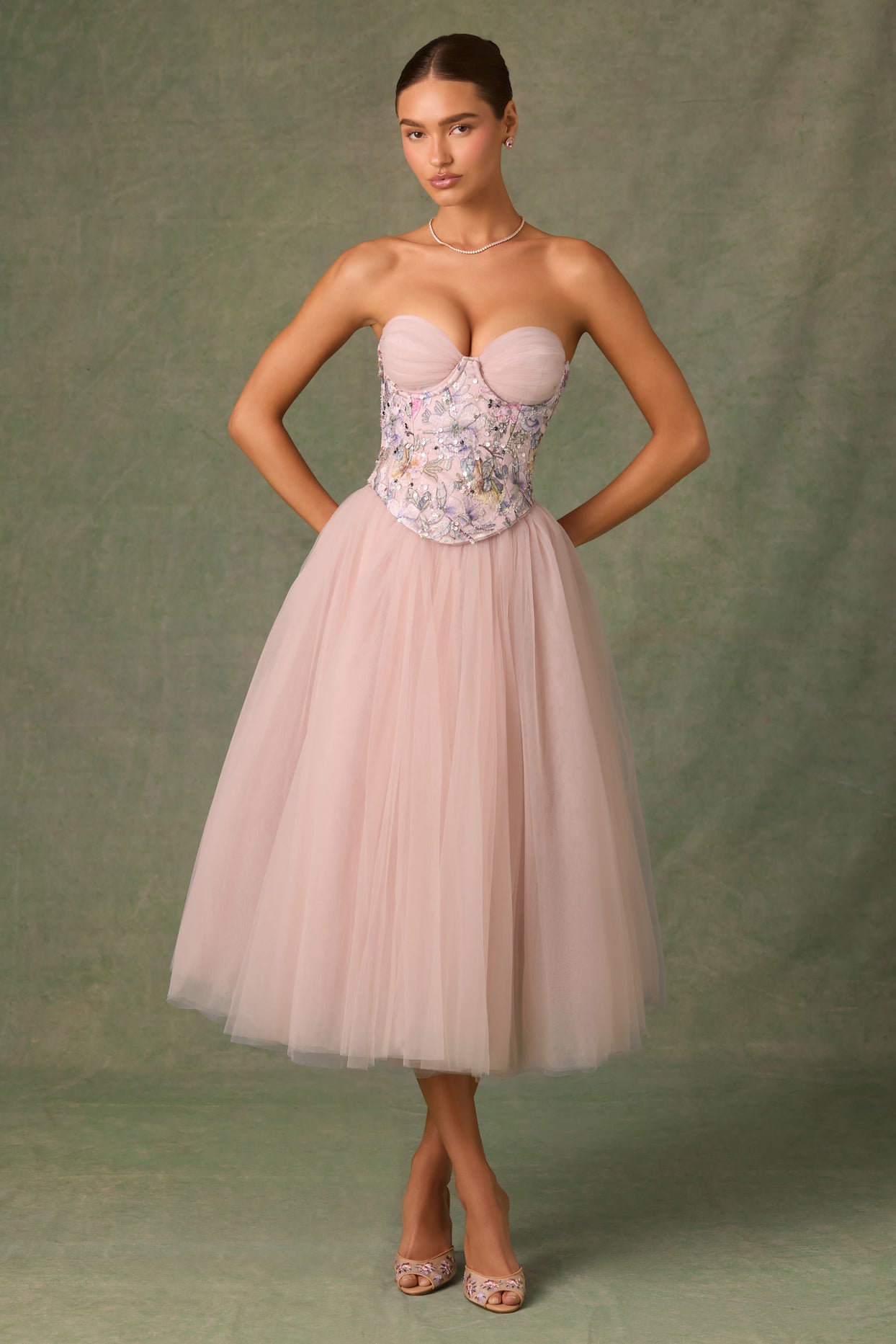 Embellished Lace-Up Cupless Corset in Floral Pink - 6