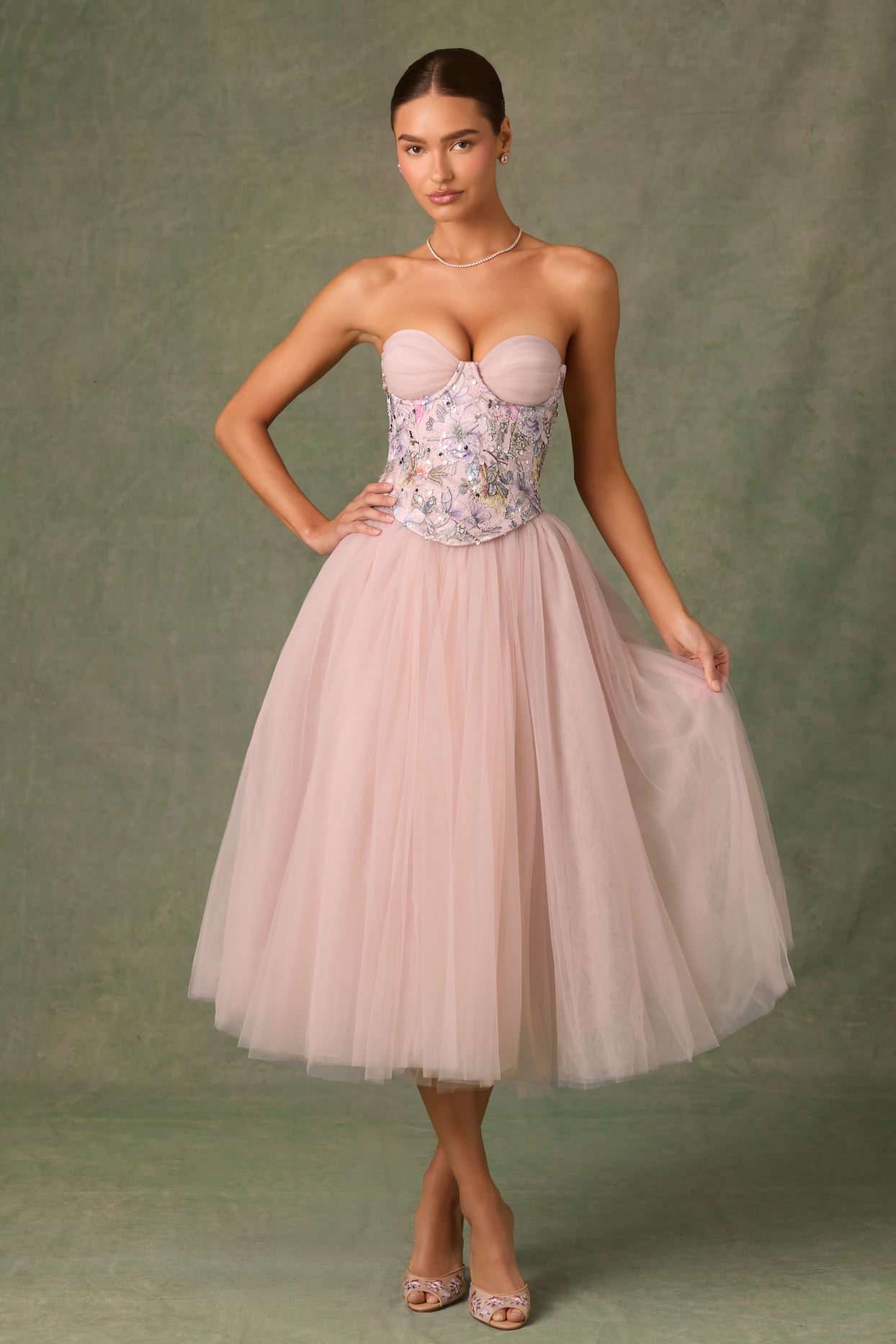 Embellished Lace-Up Cupless Corset in Floral Pink - 7