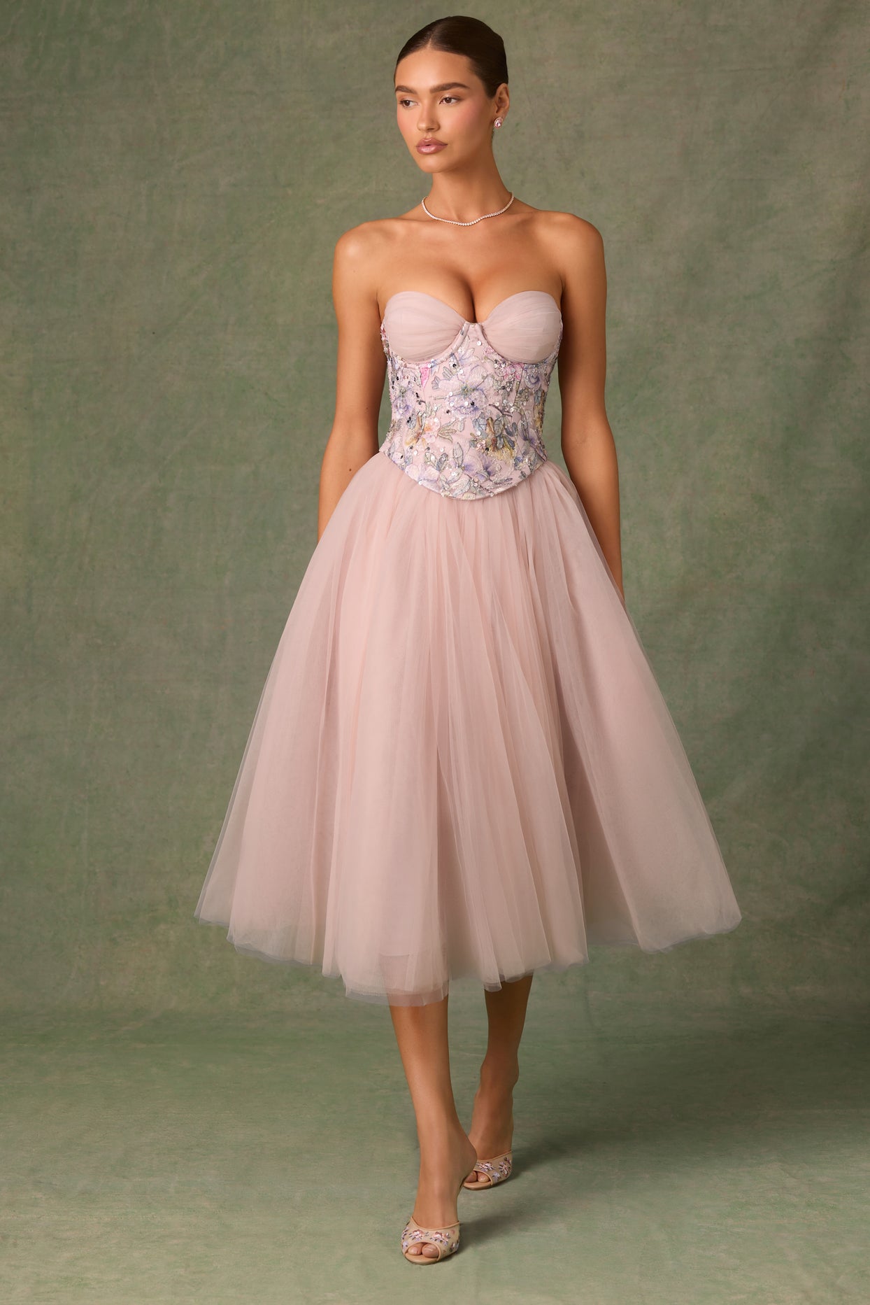 Embellished Lace-Up Cupless Corset in Floral Pink - 8