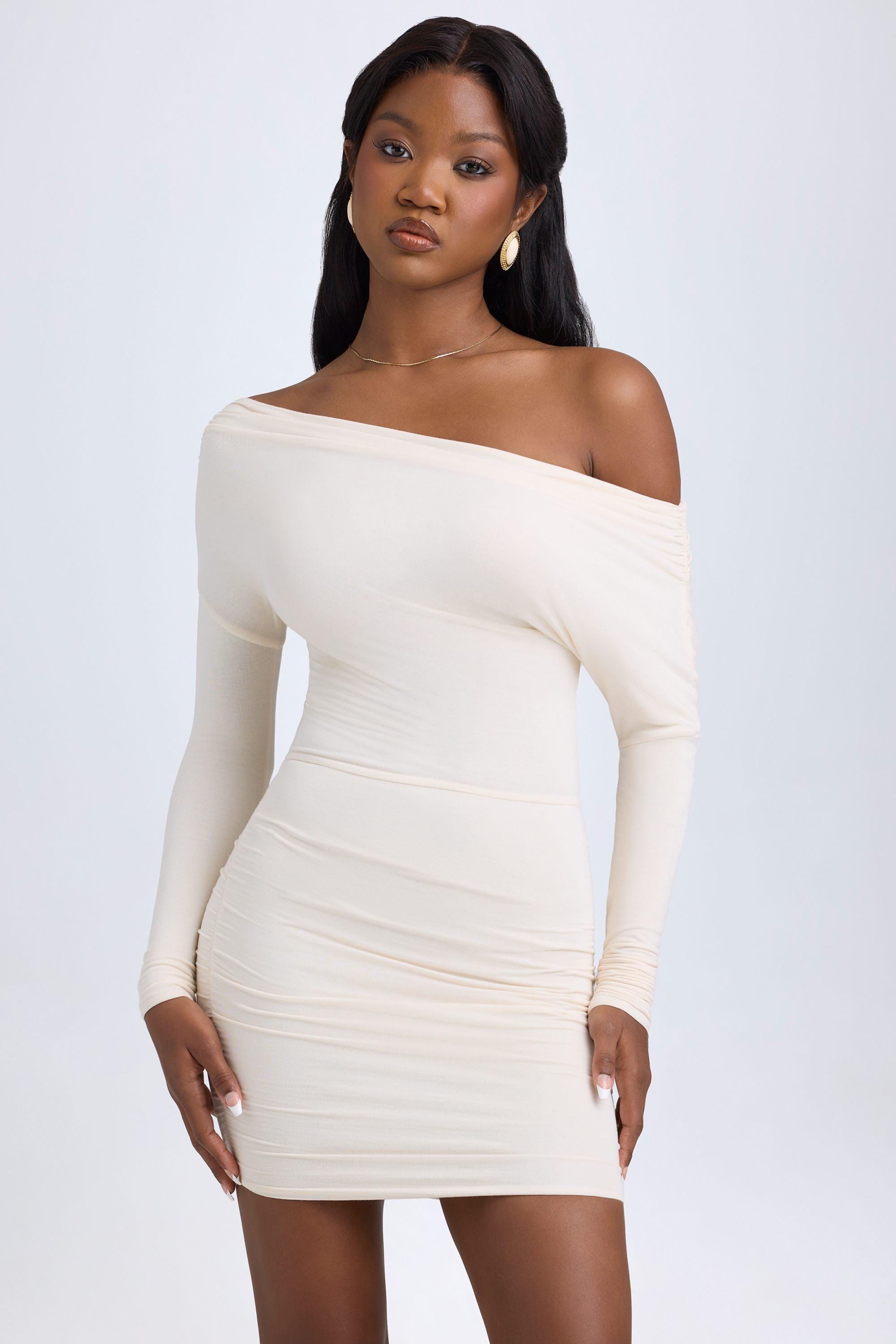 Modal Off-Shoulder Ruched Mini Dress in Ivory - S