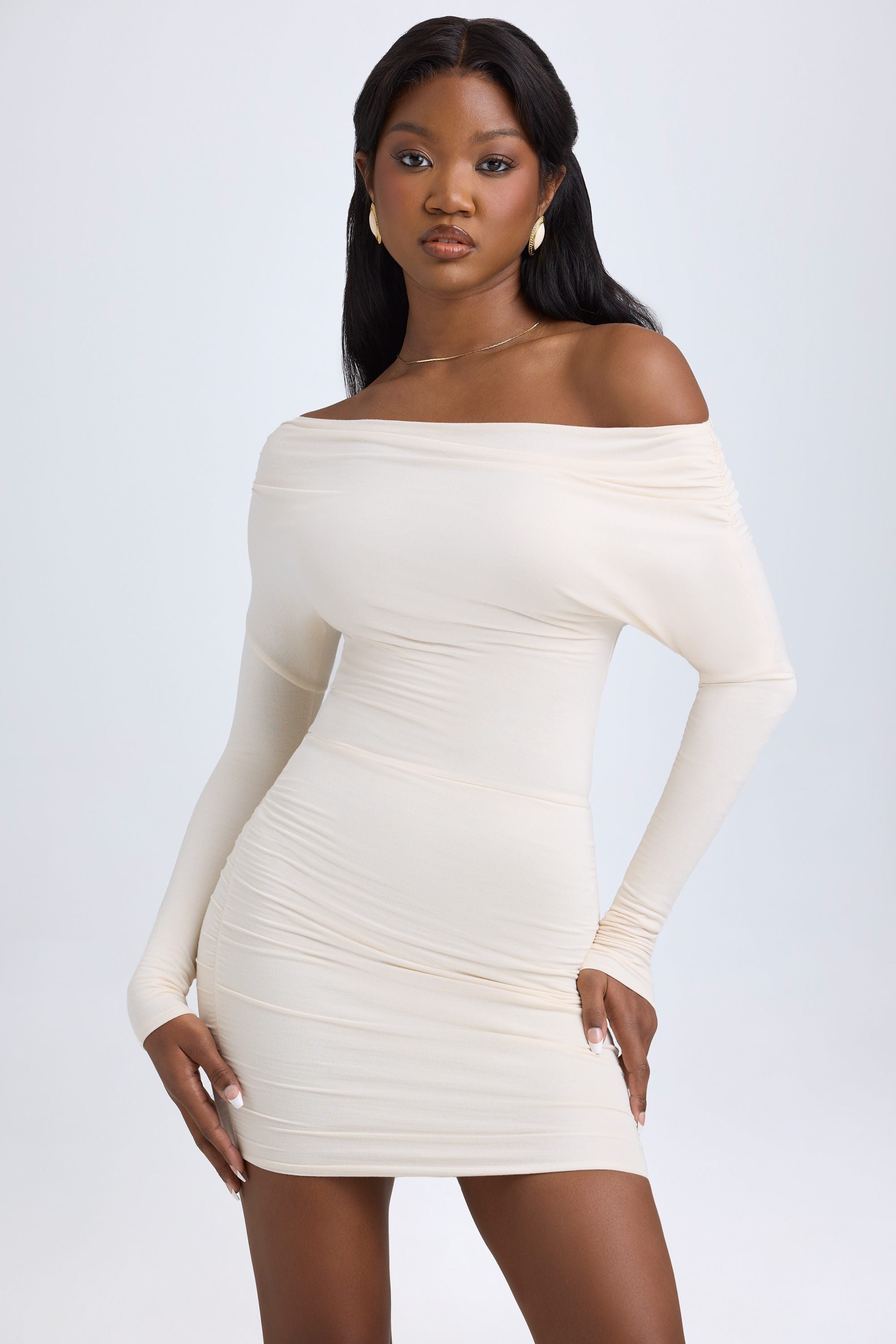 Modal Off-Shoulder Ruched Mini Dress in Ivory - S