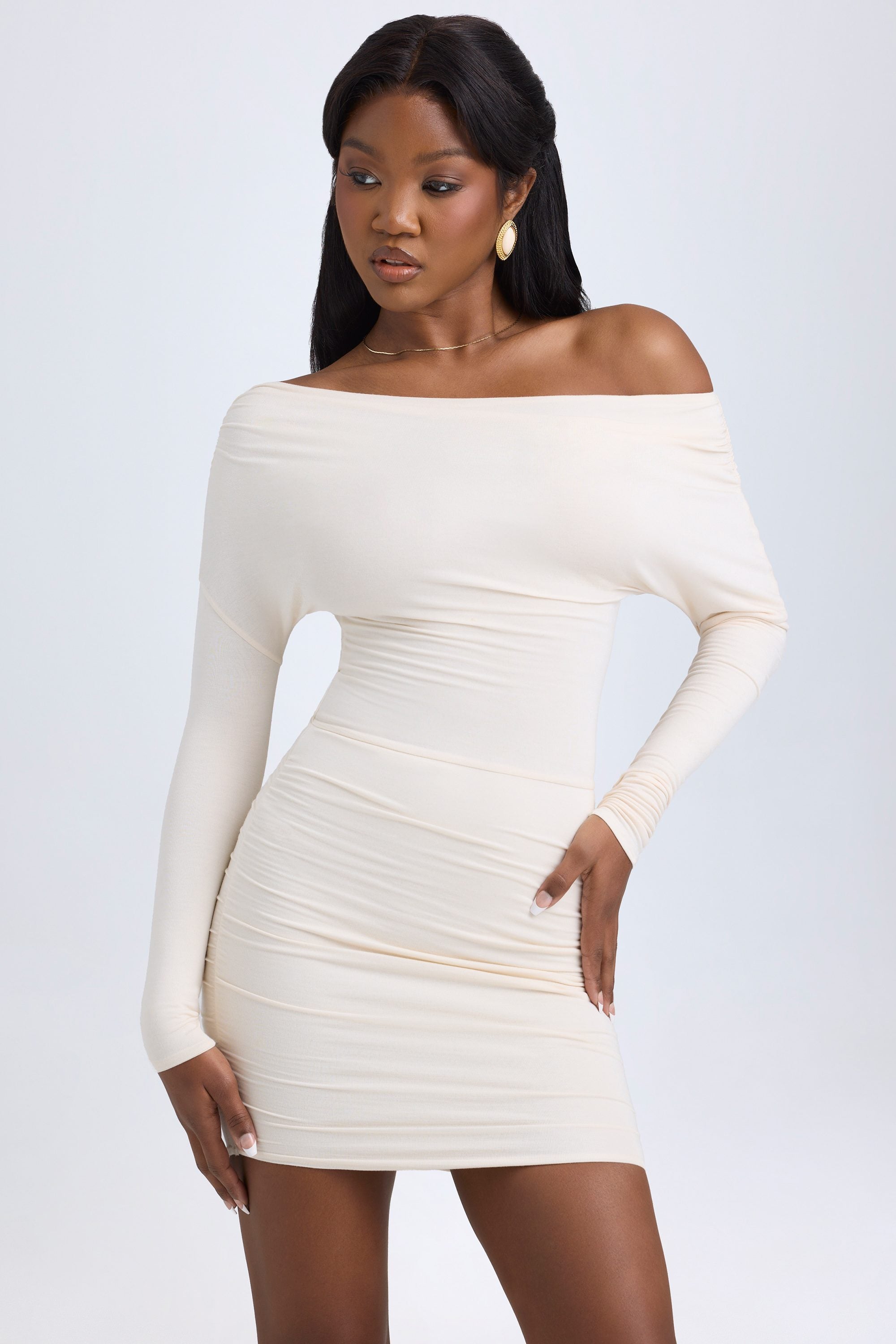 Modal Off-Shoulder Ruched Mini Dress in Ivory - S