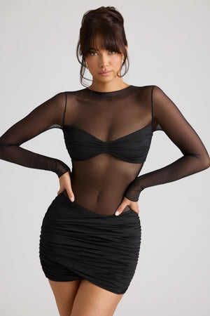 Essie Sheer Panelled Long Sleeve Mini Dress in Black Oh Polly