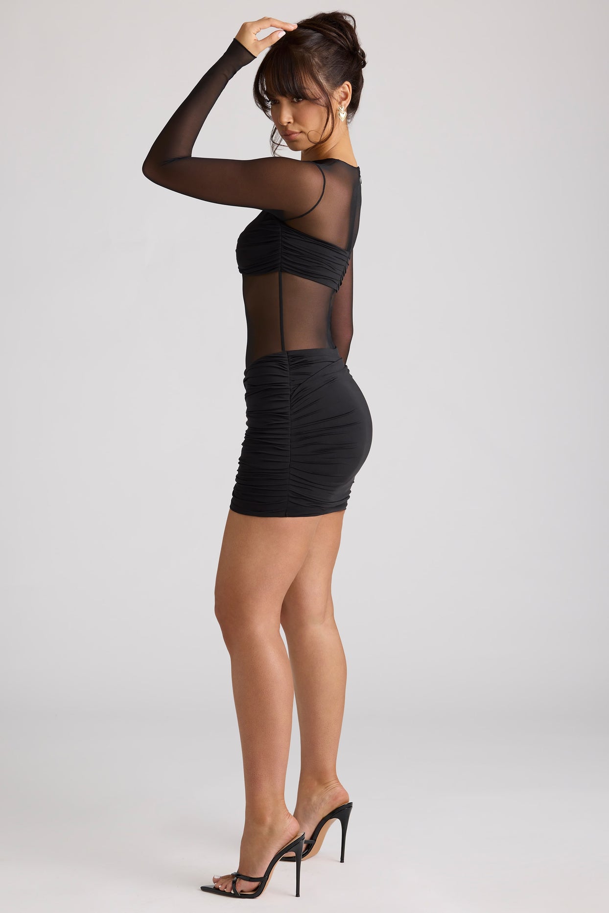 Sheer Panelled Long Sleeve Mini Dress in Black - 3
