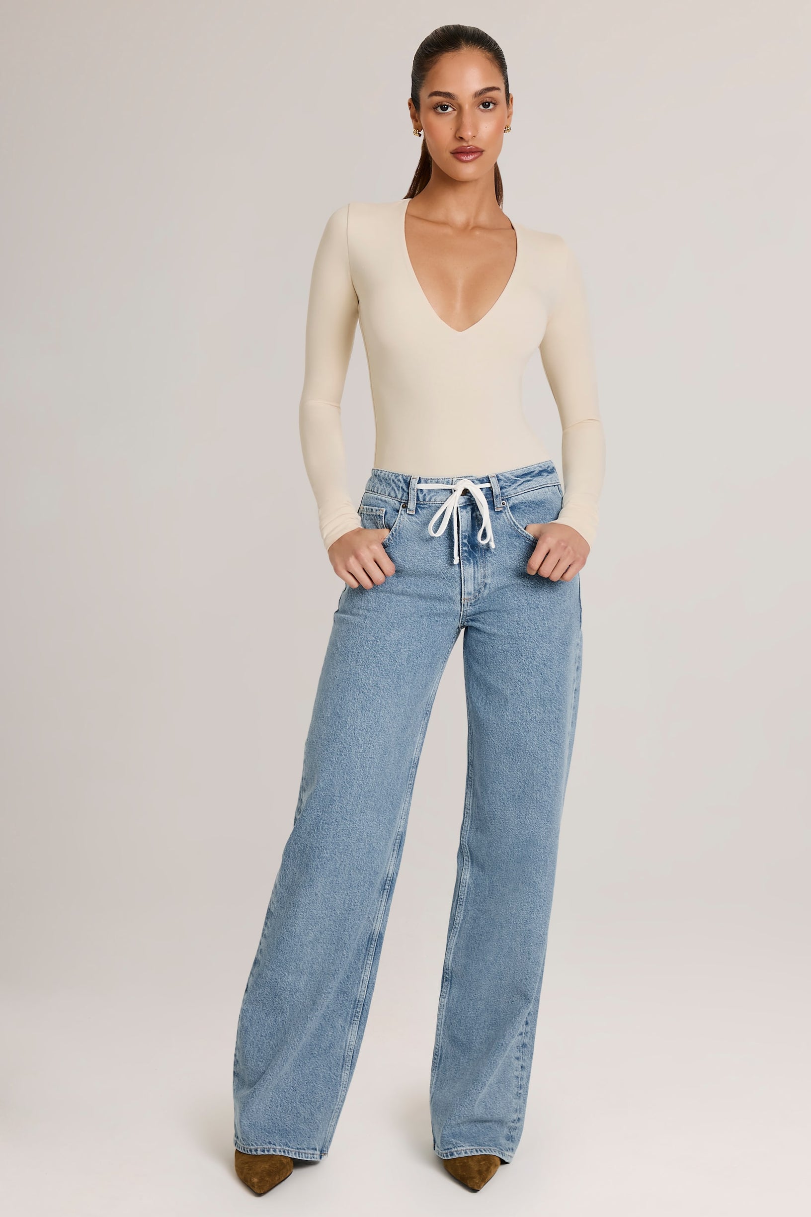 Drawstring Straight-Leg Jeans in Light Wash - 1
