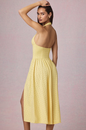 Broderie Anglaise Halterneck Midaxi Dress in Lemon Yellow