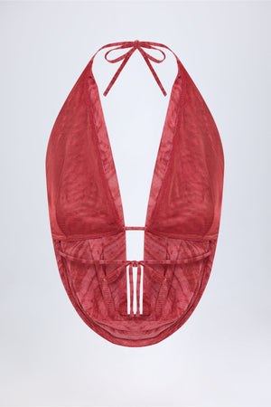 Cowl-Neck Backless Crop Top in Red Print