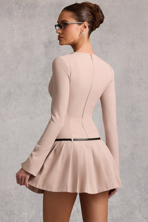 Long-Sleeve Pleated Mini Dress in Mushroom