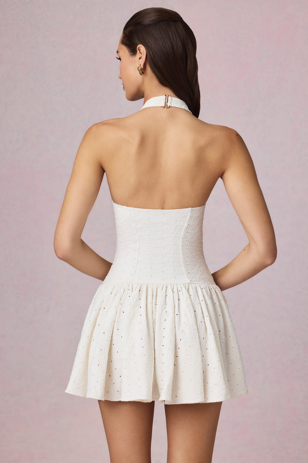 Modal Broderie Anglaise Halterneck Mini Dress in White - 8