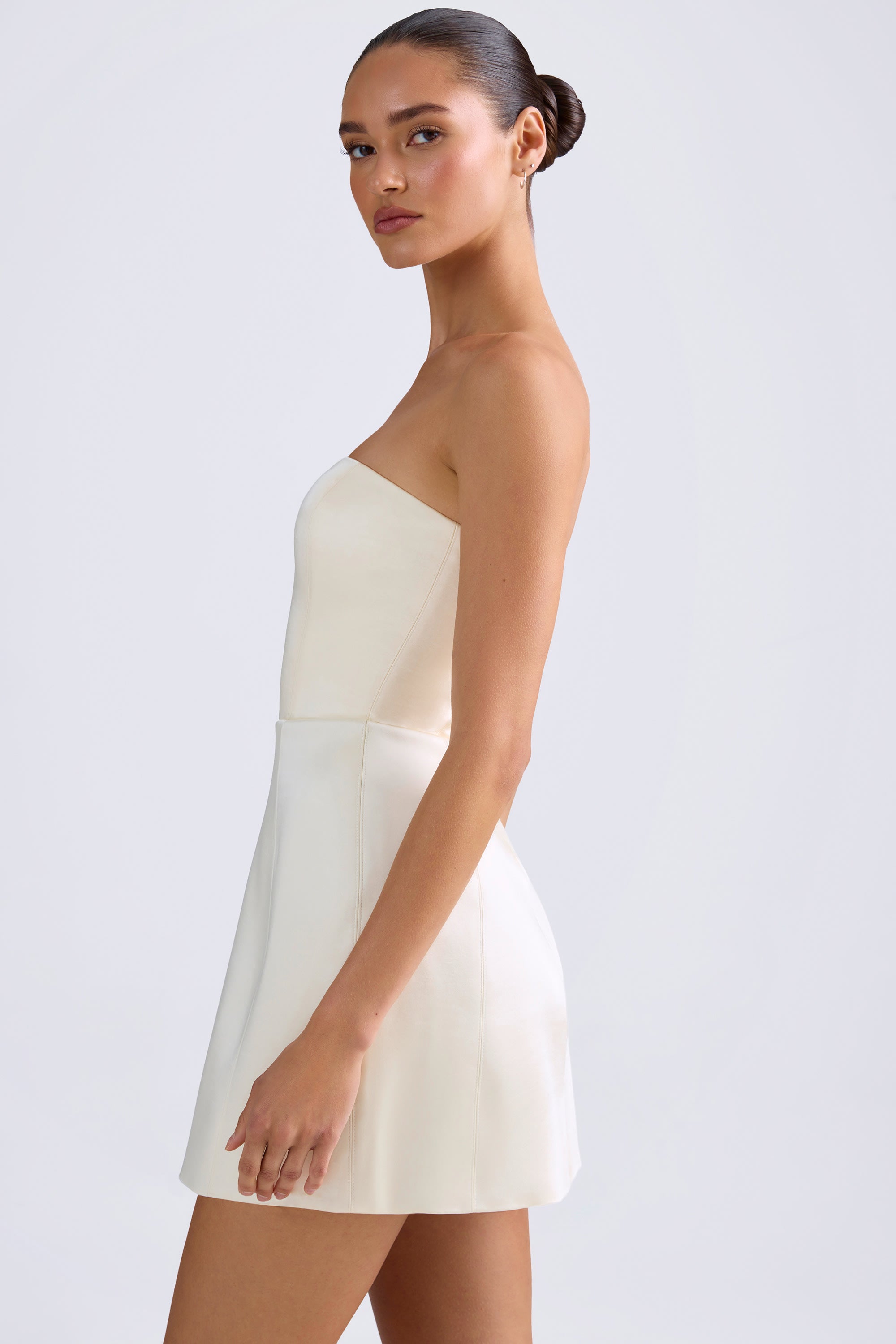 Haisley Bandeau Structured Tulip Mini Dress in Ivory | Oh Polly