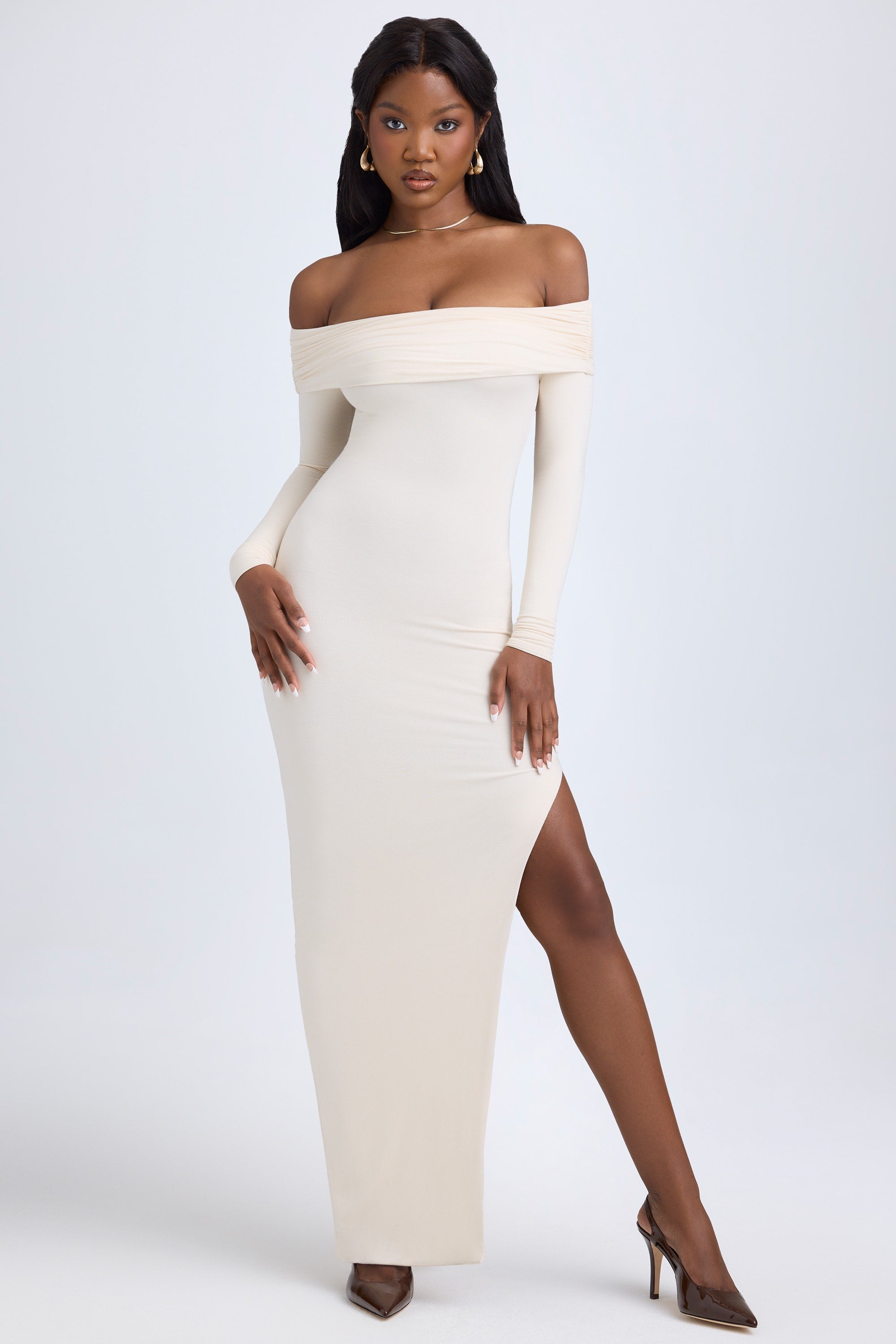 Honora Modal Off-Shoulder Open-Back Maxi Dress in Ivory | Oh Polly