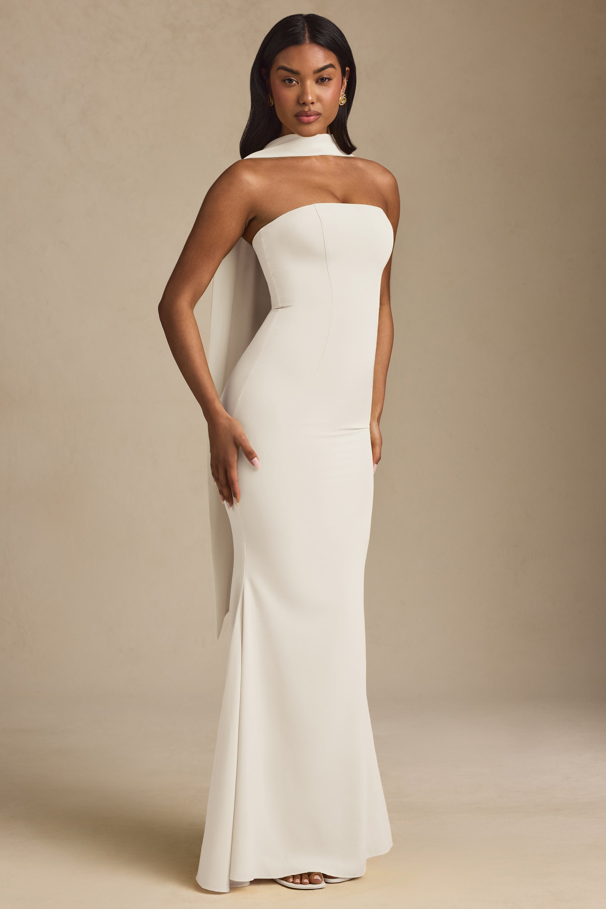 ivory strapless dress Soshin Maison Safiyaa USA Smocked panel and hidden zipper/clasp at back Glamorous Ivory Beaded Strapless Mini
