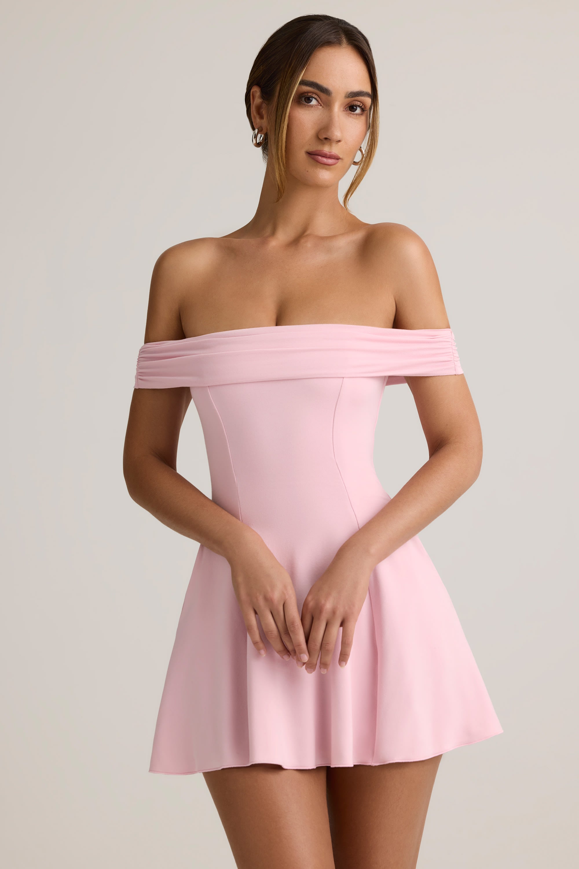 Modal Off-Shoulder A-Line Mini Dress in Baby Pink - M
