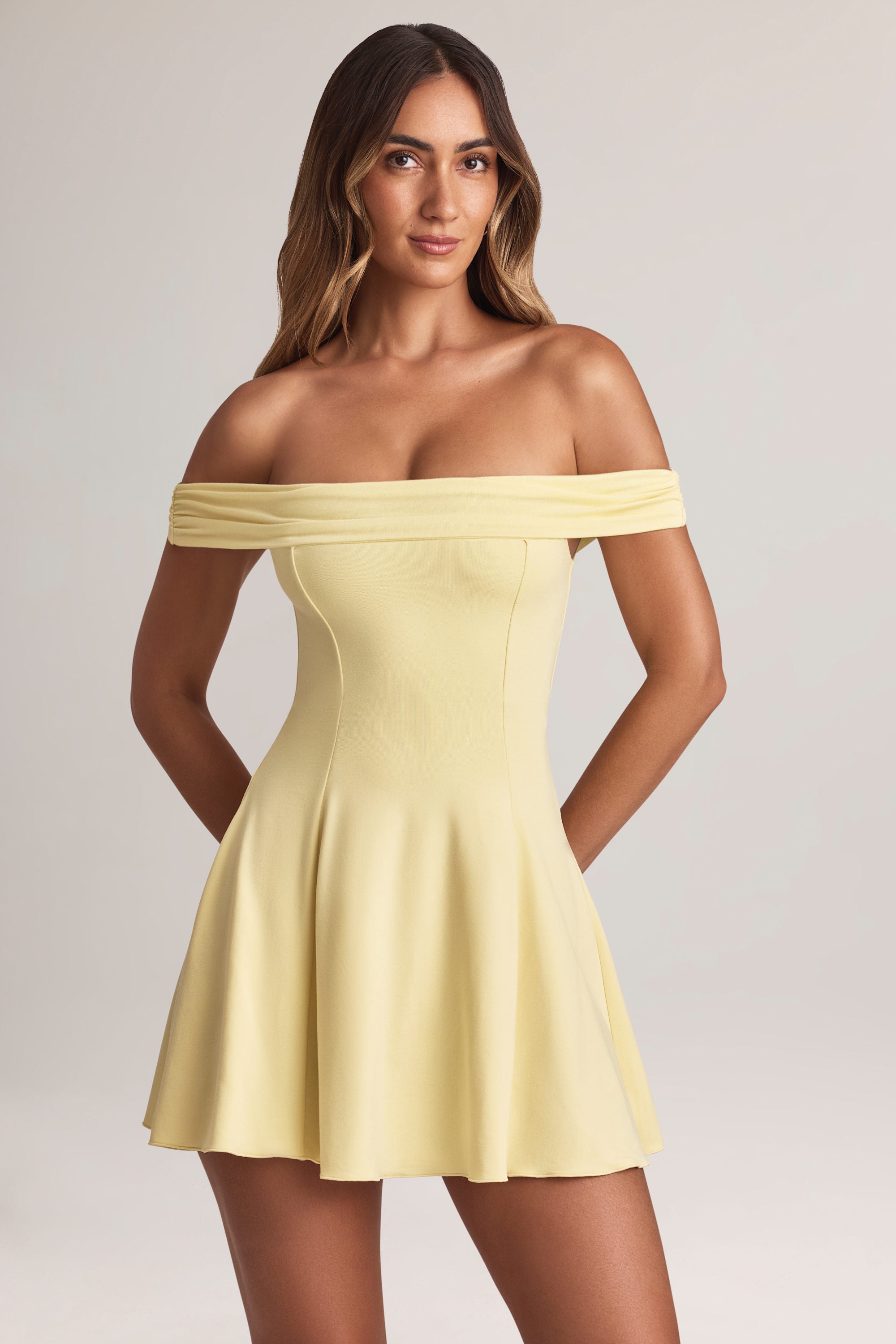 Modal Off-Shoulder A-Line Mini Dress in Lemon Sherbet - S