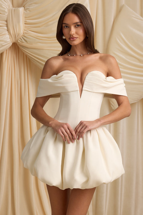 Off-Shoulder Layered Bubble Hem Corset Mini Dress in Ivory