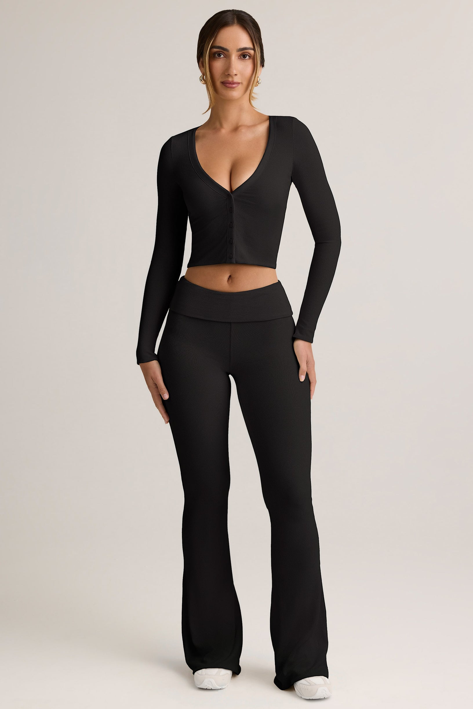 Modal Ribbed Foldover Flared Trousers in Black - 1