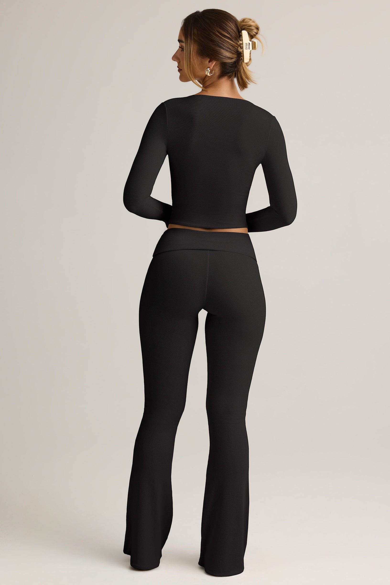 Modal Ribbed Foldover Flared Trousers in Black - 2