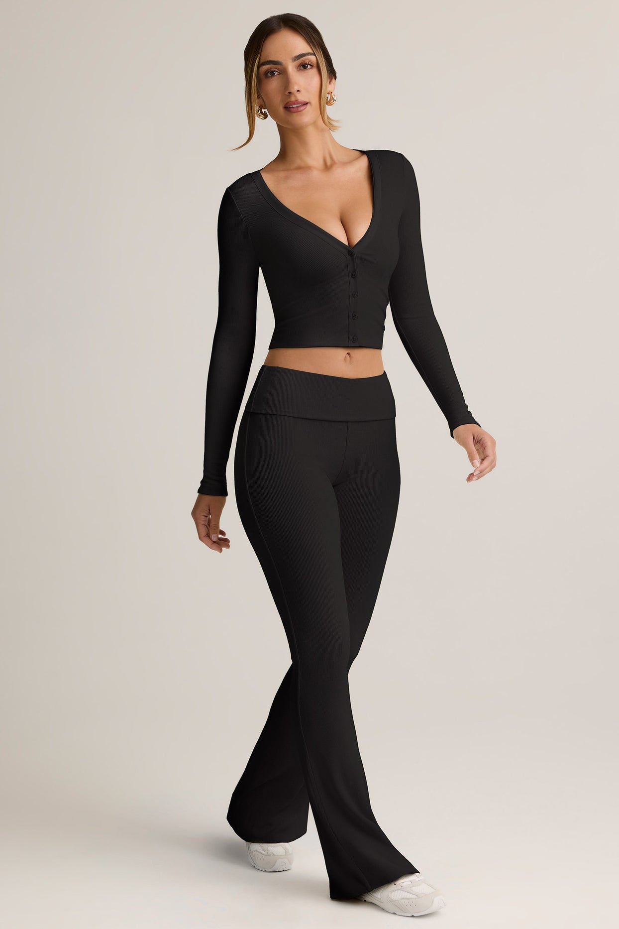 Modal Ribbed Foldover Flared Trousers in Black - 4