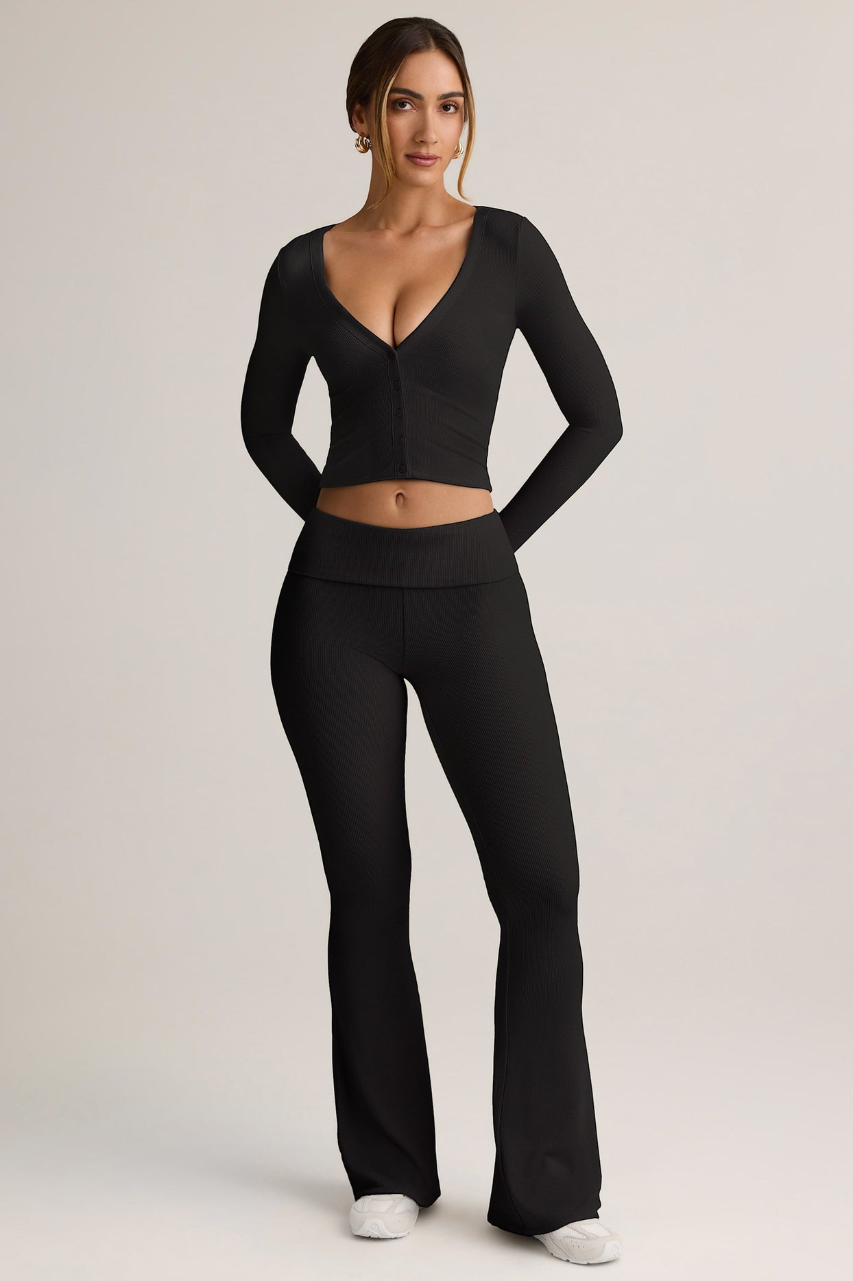 Modal Ribbed Foldover Flared Trousers in Black - 5