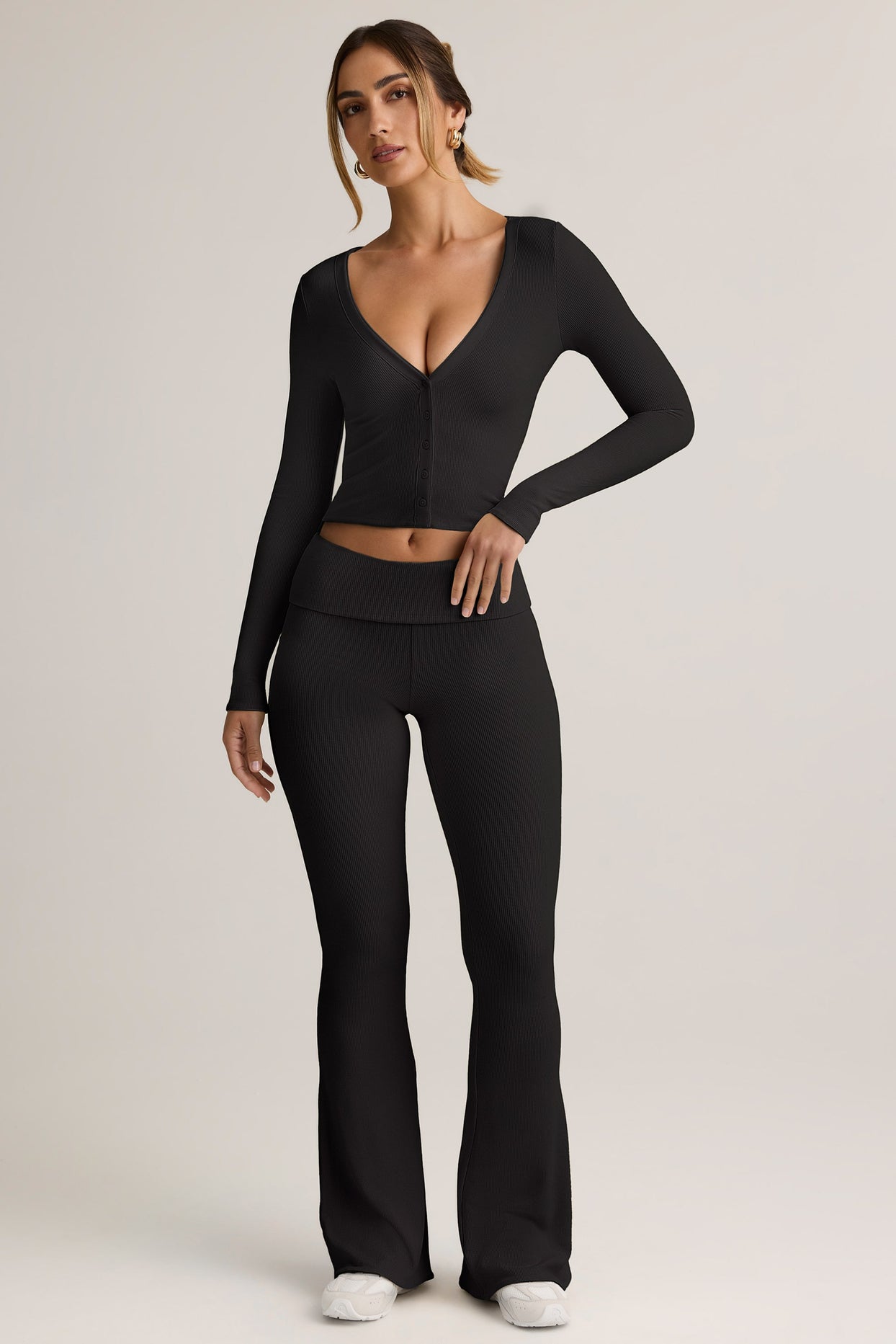Modal Ribbed Foldover Flared Trousers in Black - 6