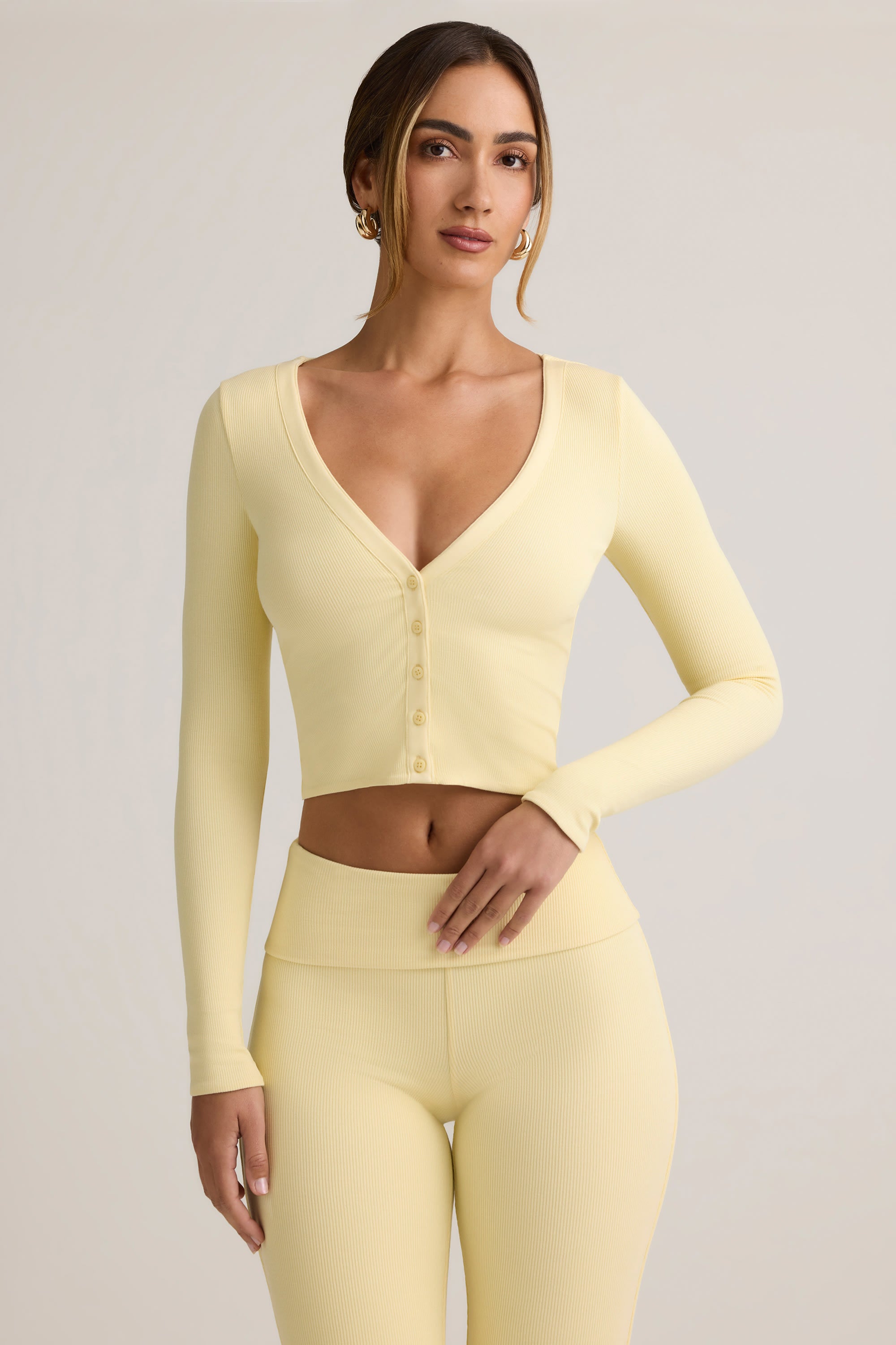Modal Ribbed Cropped Cardigan in Buttercream Yellow